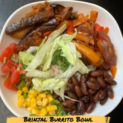 Indianized Chipotle style Brinjal Burrito Bowl